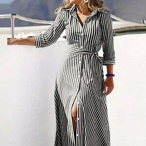 Black Boho Womens Striped Belted Shirt Dress